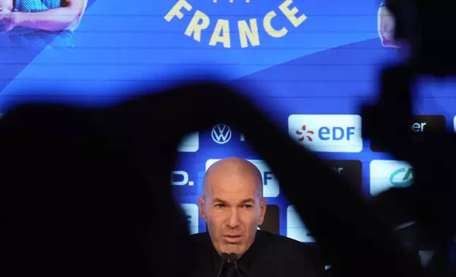 Coach of the France national soccer team, Zinedine Zidane, attends a media conference at the headquarters of French Football Federation headquarters to unveil the squad for the upcoming UEFA Nations League, in Paris, Friday, Sept. 18, 2026. (AP Photo/Thibault Camus)