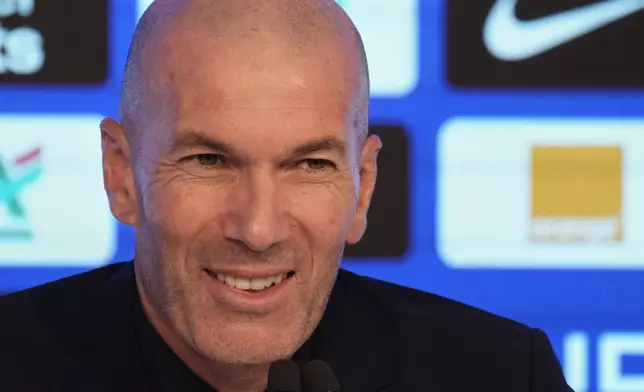 Coach of the France national soccer team, Zinedine Zidane, attends a media conference at the headquarters of French Football Federation headquarters to unveil the squad for the upcoming UEFA Nations League, in Paris, Friday, Sept. 18, 2026. (AP Photo/Thibault Camus)