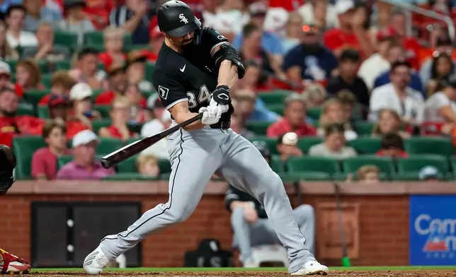Chicago White Sox's Randal Grichuk hits a sacrifice RBI during the fifth inning of a baseball game against the St. Louis Cardinals Saturday, Sept. 12, 2026, in St. Louis. (AP Photo/Scott Kane)