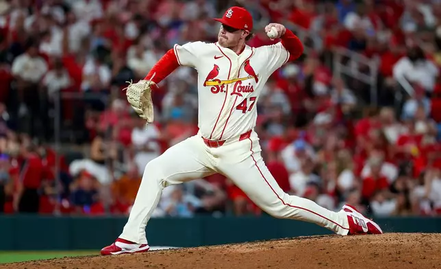 St. Louis Cardinals' Justin Bruihl delivers a pitch during the sixth inning of a baseball game against the Chicago White Sox Saturday, Sept. 12, 2026, in St. Louis. (AP Photo/Scott Kane)
