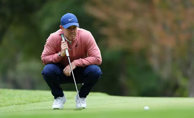 Rory McIlroy of Northern Ireland on the 16th green on day three of the PGA Championship at Wentworth Golf Club in Virginia Water, England, Saturday Sept. 19, 2026. (Adam Davy/PA via AP)