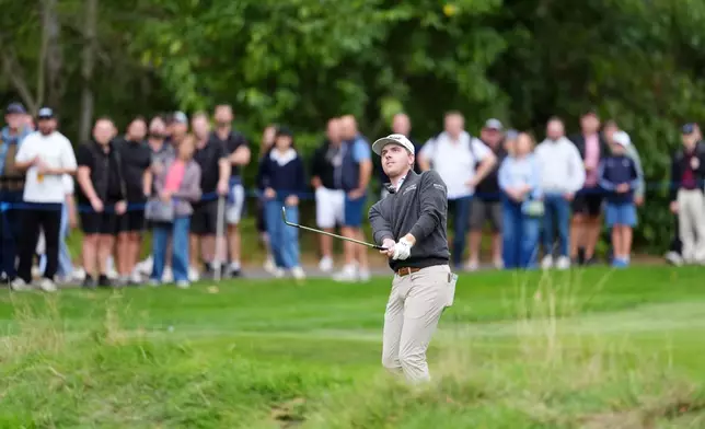USA's Ryan Gerard plays from the 4th fairway on day three of the PGA Championship at Wentworth Golf Club in Virginia Water, England, Saturday Sept. 19, 2026. (Adam Davy/PA via AP)