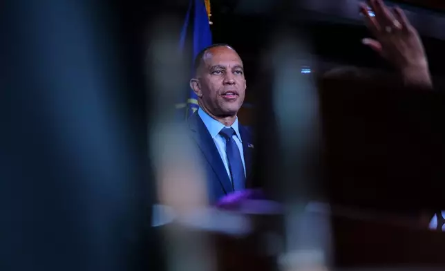 House Minority Leader Hakeem Jeffries, D-N.Y., speaks during a news conference on Capitol Hill, Thursday, Sept. 3, 2026, in Washington. (AP Photo/Mariam Zuhaib)