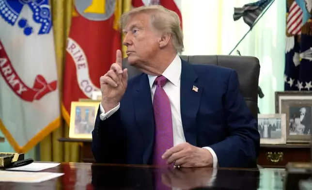 President Donald Trump gestures in the Oval Office of the White House, Thursday, Aug. 27, 2026, in Washington. (AP Photo/Manuel Balce Ceneta)