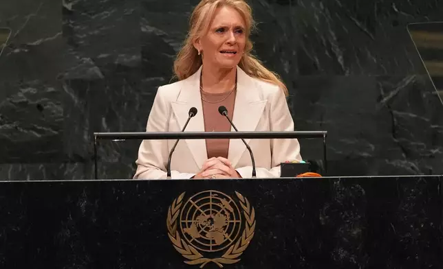 Foreign Minister Thorgerour Katrín Gunnarsdottir of Iceland speaks during the 81st session of the United Nations General Assembly at United Nations headquarters, Saturday, Sept. 26, 2026. (AP Photo/Heather Khalifa)