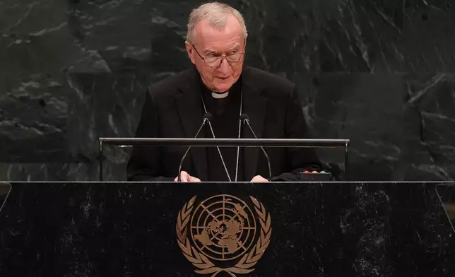 Vatican Secretary of State Cardinal Pietro Parolin speaks during the 81st session of the United Nations General Assembly at United Nations headquarters, Saturday, Sept. 26, 2026. (AP Photo/Heather Khalifa)