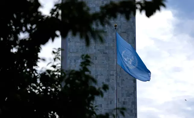The flag of the United Nations flies during the United Nations General Assembly (UNGA) at the UN headquarters, Monday, Sept. 21, 2026. (Justin Tang/The Canadian Press via AP)