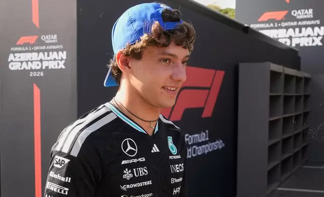 Mercedes driver Andrea Kimi Antonelli of Italy walks through the paddock ahead of the Azerbaijan F1 Grand Prix, in Baku, Azerbaijan, Wednesday, Sept. 23, 2026. (AP Photo/Darko Bandic)