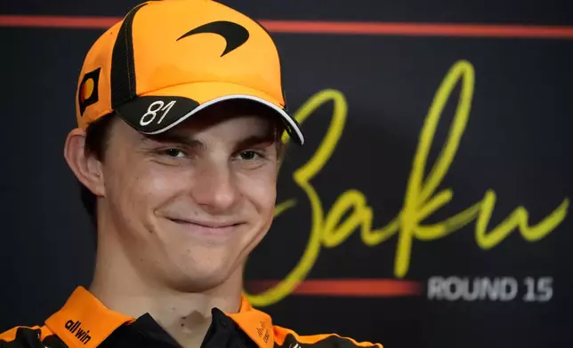 McLaren driver Oscar Piastri of Australia attends a news conference ahead of the Formula One Azerbaijan Grand Prix in Baku, Azerbaijan, Wednesday, Sept. 23, 2026. (AP Photo/Pavel Bednyakov)