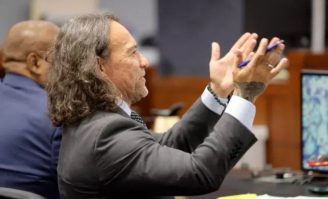 Defense attorney Michael Sanft reacts after making an objection during the Duane Davis trial, related to the 1996 killing of rapper Tupac Shakur, in Clark County District Court at the Regional Justice Center in Las Vegas on Thursday, Aug. 27, 2026. (Steve Marcus/Las Vegas Sun via AP, Pool)