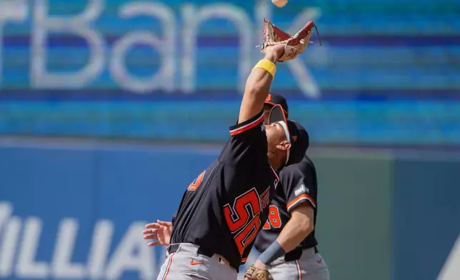 Detroit Tigers' Hao-Yu Lee, front, catches a pop fly hit by Cleveland Guardians' Petey Halpin during the fifth inning of a baseball game, Sunday, Sept. 6, 2026, in Cleveland. (AP Photo/Phil Long)