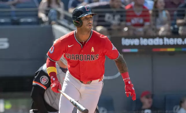 Cleveland Guardians' Brayan Rocchio watches his solo home run off Detroit Tigers starting pitcher Jackson Jobe during the fifth inning of a baseball game, Sunday, Sept. 6, 2026, in Cleveland. (AP Photo/Phil Long)
