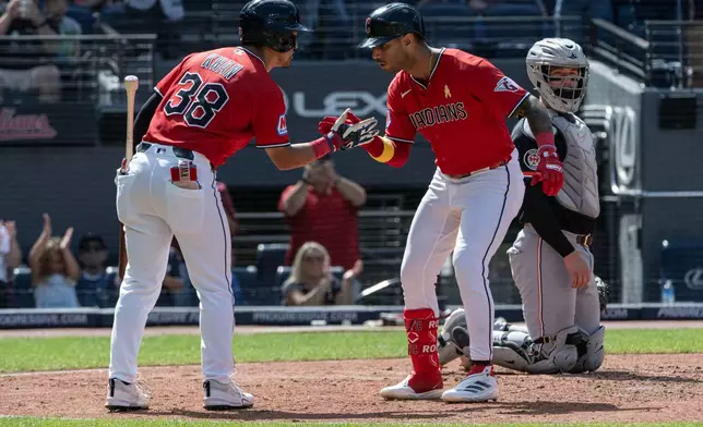 Cleveland Guardians' Steven Kwan (38) congratulates Brayan Rocchio, front right, after Rocchio hit a solo home run off Detroit Tigers starting pitcher Jackson Jobe during the fifth inning of a baseball game, Sunday, Sept. 6, 2026, in Cleveland. (AP Photo/Phil Long)