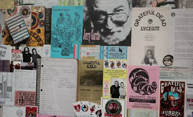 Artwork showing The Grateful Dead is displayed at a shop at the Forever Grateful exhibit presented by the Haight Street Art Center at the County Fair Building in Golden Gate Park, Tuesday, Sept. 1, 2026, in San Francisco. (AP Photo/Jeff Chiu)