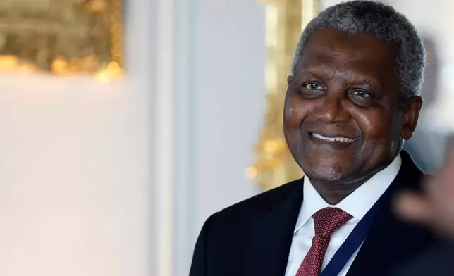 FILE - Nigerian multinational industrial conglomerate Dangote Group's CEO Aliko Dangote during the seventh "Choose France Summit", aiming to attract foreign investors to the country, at the Chateau de Versailles, outside Paris, Monday, May 13, 2024. (Ludovic Marin, Pool via AP, File)