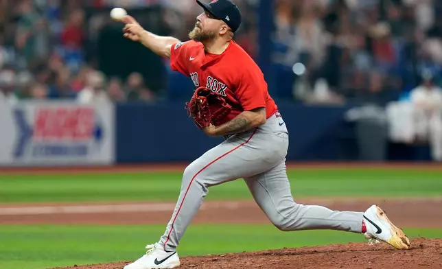 Boston Red Sox's Greg Weissert pitches to the Tampa Bay Rays during the seventh inning of a baseball game Friday, Sept. 18, 2026, in St. Petersburg, Fla. (AP Photo/Chris O'Meara)