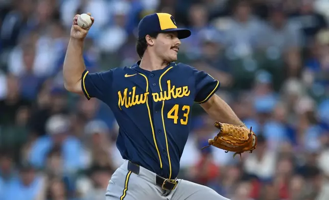 Milwaukee Brewers starter Logan Henderson delivers a pitch during the first inning of a baseball game against the Chicago Cubs in Chicago, Thursday, Sept. 3, 2026. (AP Photo/Paul Beaty)