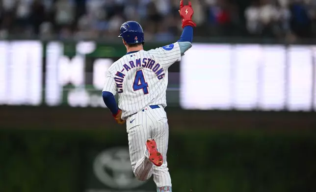 Chicago Cubs' Pete Crow-Armstrong celebrates after hitting a two-run home run during the third inning of a baseball game against the Milwaukee Brewers in Chicago, Thursday, Sept. 3, 2026. (AP Photo/Paul Beaty)