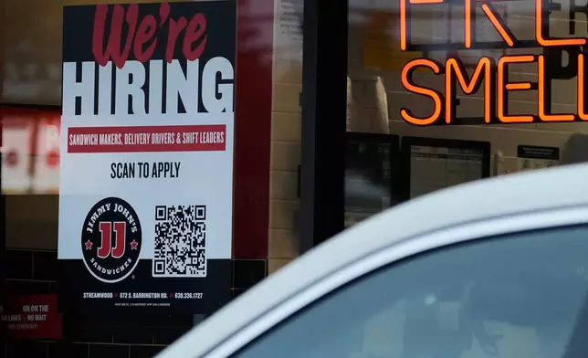 A hiring sign is displayed at a sandwich shop, in Streamwood, Ill., Wednesday, Sept. 16, 2026. (AP Photo/Nam Y. Huh)