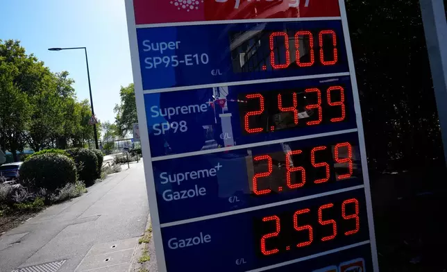 A board shows the price at a gas station in Puteaux, outside Paris, Tuesday Sept. 22, 2026. (AP Photo/Teresa Suarez)