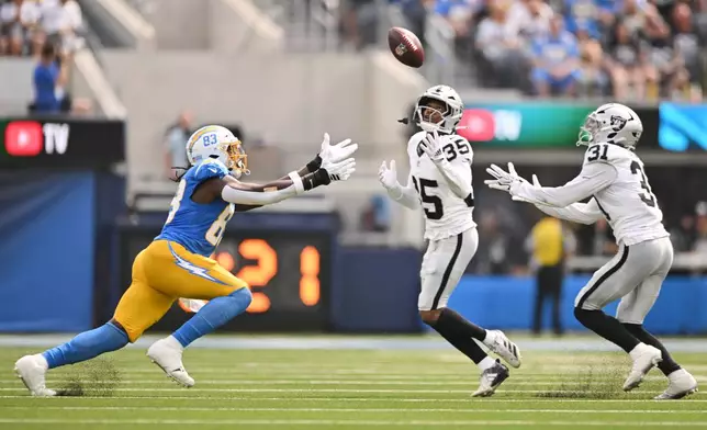 Las Vegas Raiders cornerback Hezekiah Masses (35) intercepts a pass intended for Los Angeles Chargers tight end David Njoku (83) during the first half of an NFL football game in Inglewood, Calif., Sunday, Sept. 20, 2026. (AP Photo/Katie Chin)