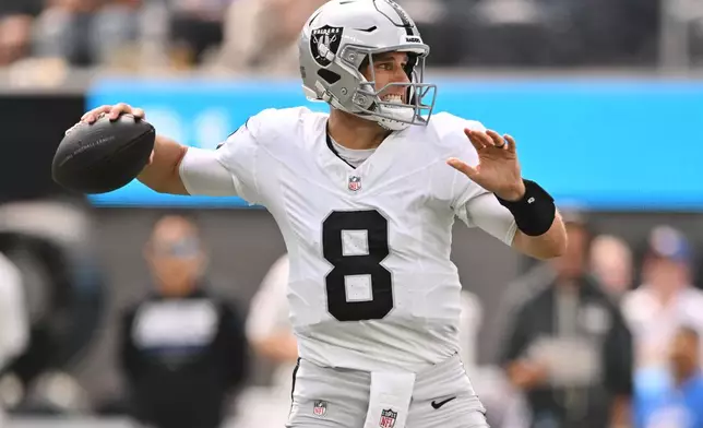 Las Vegas Raiders quarterback throws a pass during the first half of an NFL football game against the Los Angeles Chargers in Inglewood, Calif., Sunday, Sept. 20, 2026. (AP Photo/Katie Chin)