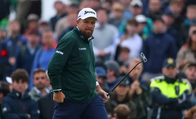 Shane Lowry of Ireland reacts during the Irish Open at Trump International Golf Links in Doonbeg, Ireland, Saturday, Sept. 12, 2026.(AP Photo/Peter Morrison)