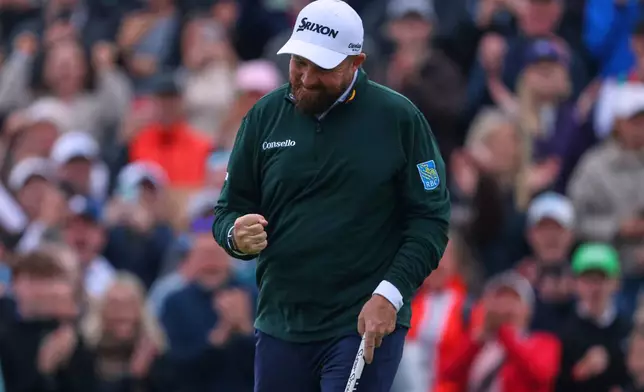Shane Lowry of Ireland reacts during the Irish Open at Trump International Golf Links in Doonbeg, Ireland, Saturday, Sept. 12, 2026.(AP Photo/Peter Morrison)