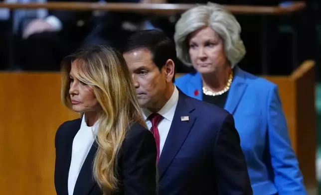 First lady Melania Trump, Secretary of State Marco Rubio and White House Chief of Staff Susan Wiles, arrive to listen to President Donald Trump speak to the United Nations General Assembly, Tuesday, Sept. 22, 2026, at the UN headquarters. (AP Photo/Julia Demaree Nikhinson)