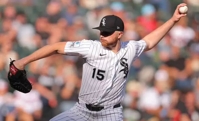 Chicago White Sox's Sean Newcomb throws during the sixth inning of a baseball game against the Colorado Rockies, Sunday, Sept. 27, 2026, in Chicago. (AP Photo/Melissa Tamez)