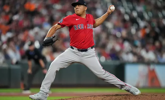 Boston Red Sox starting pitcher Ranger Suarez delivers during the second inning of a baseball game against the Baltimore Orioles, Friday, Sept. 4, 2026, in Baltimore. (AP Photo/Stephanie Scarbrough)