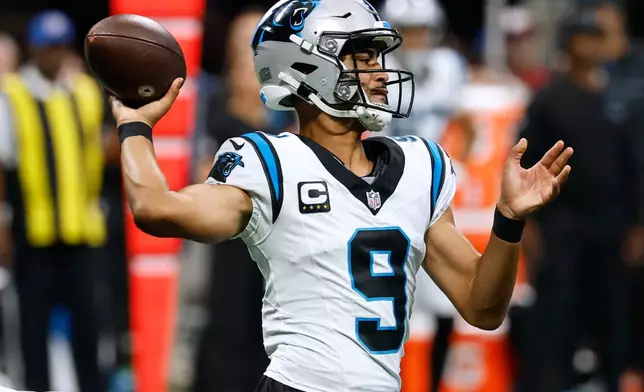 Carolina Panthers quarterback Bryce Young (9) passes the ball during an NFL football game against the Atlanta Falcons in Atlanta, Sunday, Sept. 20, 2026. (AP Photo/Erik S. Lesser)