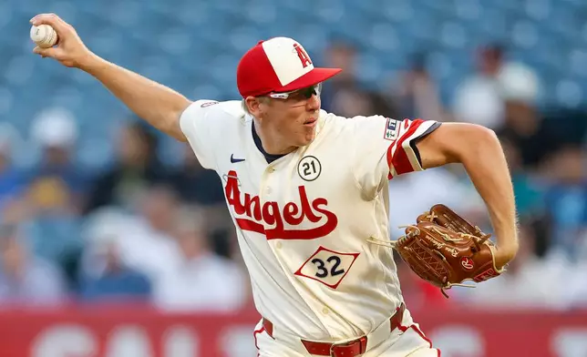 Los Angeles Angels starting pitcher Ryan Johnson throws during the first inning of a baseball game against the Seattle Mariners, Tuesday, Sept. 15, 2026, in Anaheim, Calif. (AP Photo/Caroline Brehman)