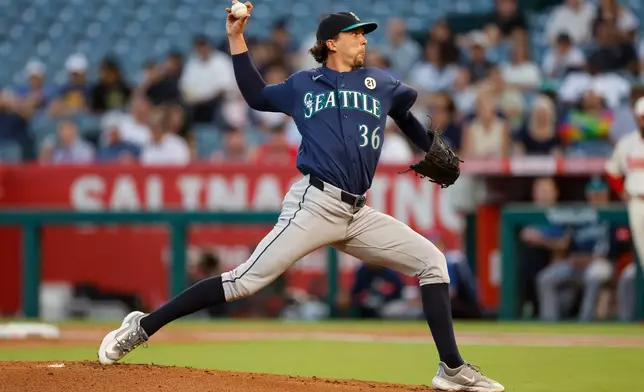 Seattle Mariners starting pitcher Logan Gilbert throws during the first inning of a baseball game against the Los Angeles Angels, Tuesday, Sept. 15, 2026, in Anaheim, Calif. (AP Photo/Caroline Brehman)