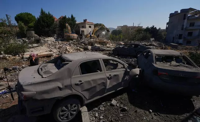 Rescue workers search for victims under the rubble of a building destroyed in an Israeli airstrike in the southern village of Kfar Rumman, Lebanon, Monday, Sept. 7, 2026. (AP Photo/Mohammed Zaatari)