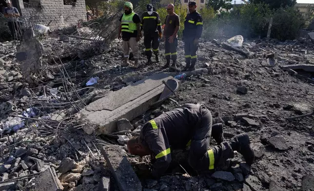 Rescue workers search for victims under the rubble of a building destroyed in an Israeli airstrike in the southern village of Kfar Rumman, Lebanon, Monday, Sept. 7, 2026. (AP Photo/Mohammed Zaatari)