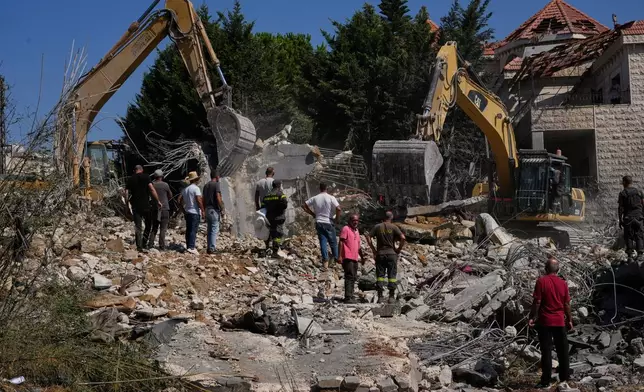 People watch rescue workers use excavators as they search for victims under the rubble of a building destroyed in an Israeli airstrike in the southern village of Kfar Rumman, Lebanon, Monday, Sept. 7, 2026. (AP Photo/Mohammed Zaatari)