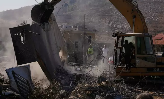 Rescue workers search for victims under the rubble of a building destroyed in an Israeli airstrike in the southern village of Kfar Rumman, Lebanon, Monday, Sept. 7, 2026. (AP Photo/Mohammed Zaatari)