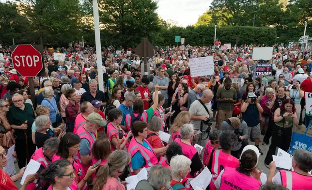 People rally against the closing of the John F. Kennedy Center for the Performing Arts on Friday, Sept. 18, 2026, in Washington. ( (AP Photo/Jose Luis Magana)