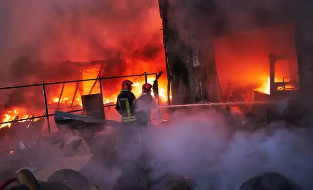 Firefighters try to extinguish a fire following a Russian missile attack in Kyiv, Ukraine, early Tuesday, Sept. 8, 2026. (AP Photo/Francisco Seco)