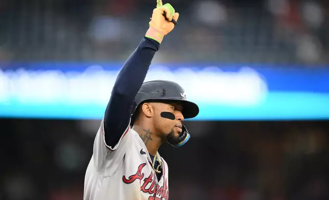 Atlanta Braves' Ronald Acuna Jr. celebrates his three-run home run during the seventh inning of a baseball game against the Washington Nationals, Wednesday, Sept. 2, 2026, in Washington. (AP Photo/Nick Wass)