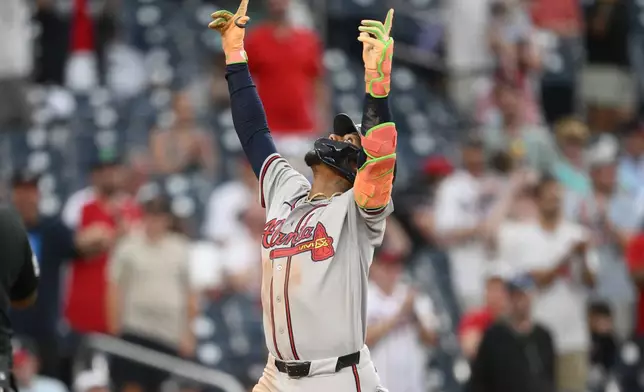 Atlanta Braves' Ronald Acuna Jr. celebrates his three-run home run during the seventh inning of a baseball game against the Washington Nationals, Wednesday, Sept. 2, 2026, in Washington. (AP Photo/Nick Wass)