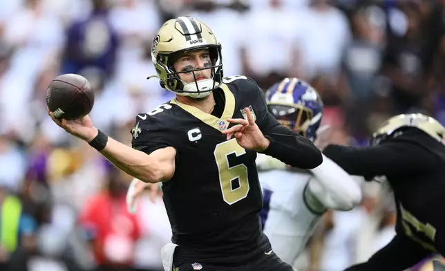 New Orleans Saints quarterback Tyler Shough (6) passes in the second half of an NFL football game against the Baltimore Ravens in Baltimore, Sunday, Sept. 20, 2026. (AP Photo/Nick Wass)