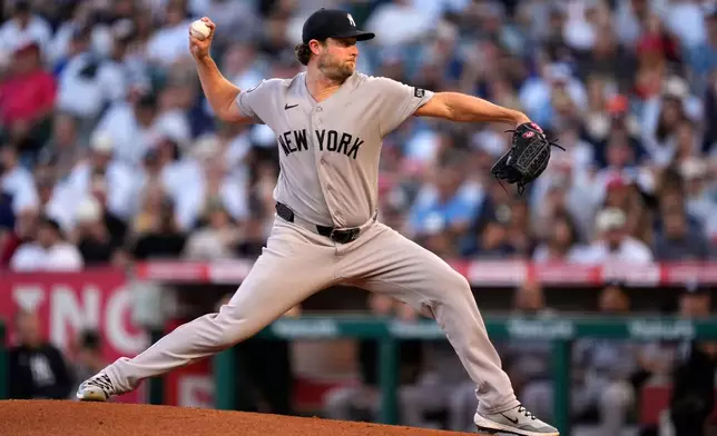 New York Yankees starting pitcher Gerrit Cole throws to the plate during the first inning of a baseball game against the Los Angeles Angels, Tuesday, Sept. 1, 2026, in Anaheim, Calif. (AP Photo/Mark J. Terrill)