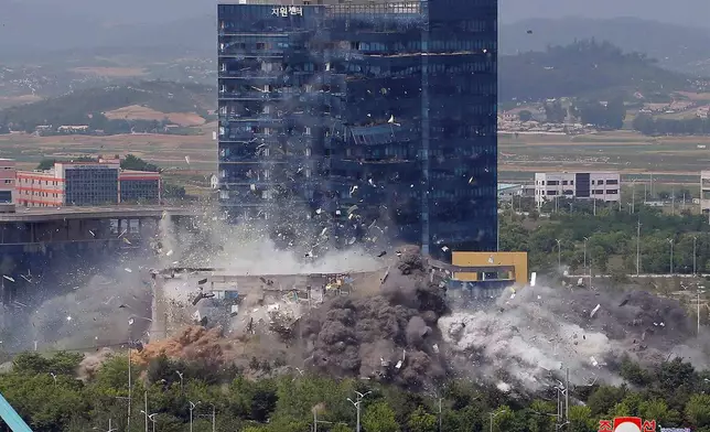 FILE - This photo provided by the North Korean government shows the demolition of an inter-Korean liaison office building in Kaesong, North Korea on June 16, 2020. Independent journalists were not given access to cover the event depicted in this image distributed by the North Korean government. The content of this image is as provided and cannot be independently verified. Korean language watermark on image as provided by source reads: "KCNA" which is the abbreviation for Korean Central News Agency. (Korean Central News Agency/Korea News Service via AP, File)