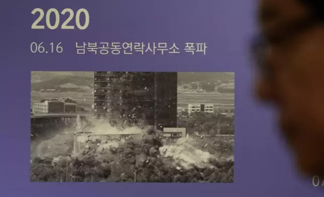A photo showing the demolition of an inter-Korean liaison office building in Kaesong, North Korea, is displayed at the Unification Observation Post in Paju, South Korea, near the border with North Korea, Wednesday, Sept. 16, 2026. The sign reads ''The demolition of an inter-Korean liaison office building.'' (AP Photo/Ahn Young-joon)