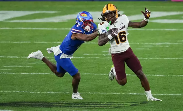 Arizona State Sun Devils wide receiver Jaren Hamilton (16) 100-yard kickoff return TD, during the NCAA college football game between Arizona State Sun Devils and Kansas Jayhawks in London, Saturday, Sept. 19, 2026. (AP Photo/Dave Shopland)