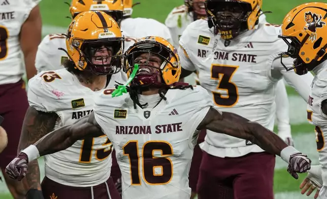 Arizona State Sun Devils wide receiver Jaren Hamilton (16) 100-yard kickoff return TD, during the NCAA college football game between Arizona State Sun Devils and Kansas Jayhawks in London, Saturday, Sept. 19, 2026. (AP Photo/Dave Shopland)