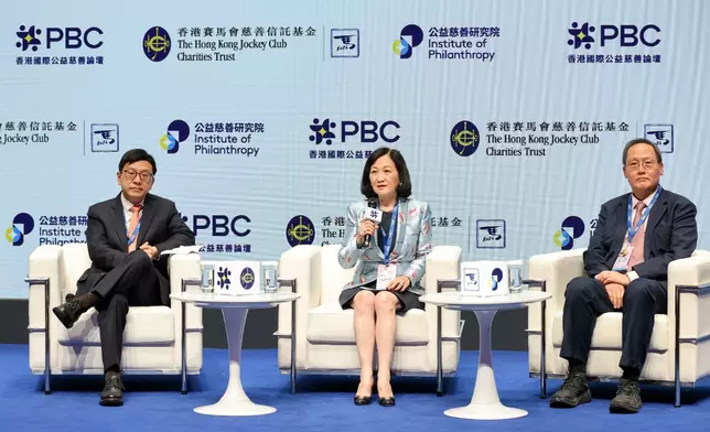 The fourth plenary, entitled “Two Playbooks, One Goal: Navigating Social Mobility in Asia’s Twin Cities”, was moderated by The Hon Mrs Regina Ip, Convenor of the Non-official Members of the Executive Council of the HKSAR (centre). It featured The Hon Chris Sun, Secretary for Labour and Welfare of the HKSAR Government (left), and Tan See Leng, Minister for Trade and Industry (Energy & Industry) and Former Minister for Manpower, Singapore (right)