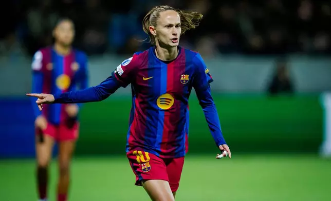 FC Barcelona's Caroline Graham Hansen during the women's Champions League group stage match between HB Koege and Barcelona in Koge, Denmark, Thursday Oct. 29, 2026. (Sebastian Elias Uth/Ritzau Scanpix via AP)